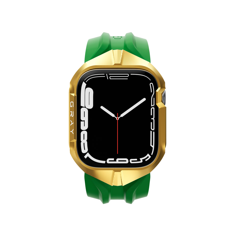 cyber watch gold titanium apple watch case with green cyber band 