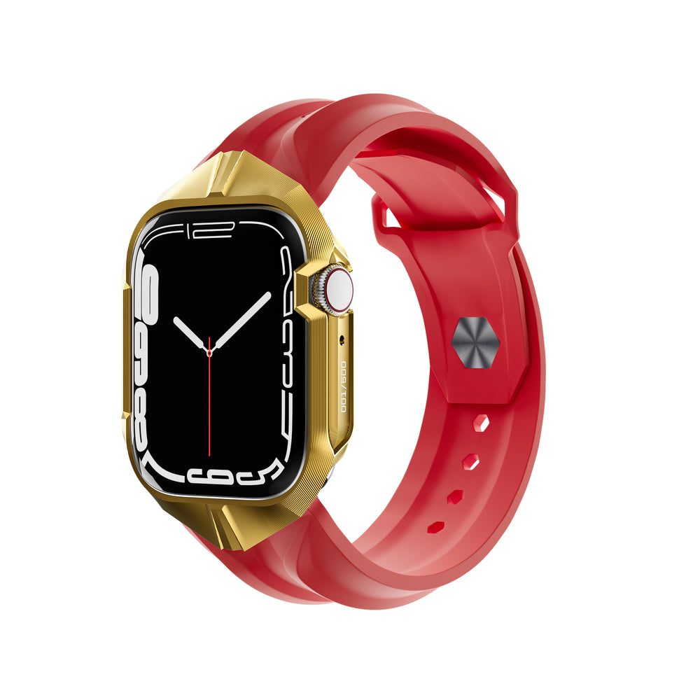 cyber watch gold titanium apple watch case with red cyber band